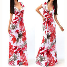 Women Sexy Casual Dress Boho Long Maxi Party Cocktail Beach Dress Short Sleeve Sundress With Belt  J4U66