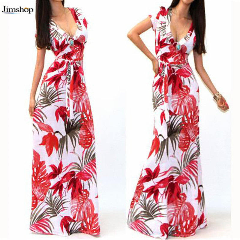 Women Sexy Casual Dress Boho Long Maxi Party Cocktail Beach Dress Short Sleeve Sundress With Belt  J4U66
