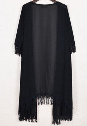 Women Tassel Kimono Jacket Chiffon Cardigan Long Top Blouse Beach Cover Up Dress J4U66
