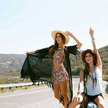 Women Tassel Kimono Jacket Chiffon Cardigan Long Top Blouse Beach Cover Up Dress J4U66