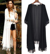 Women Tassel Kimono Jacket Chiffon Cardigan Long Top Blouse Beach Cover Up Dress J4U66