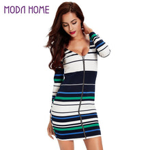 women two way v neck bodycon dress knit striped zipper long sleeves sweater dress stretchy plus size mini knitting dress white J4U66