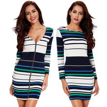 women two way v neck bodycon dress knit striped zipper long sleeves sweater dress stretchy plus size mini knitting dress white J4U66