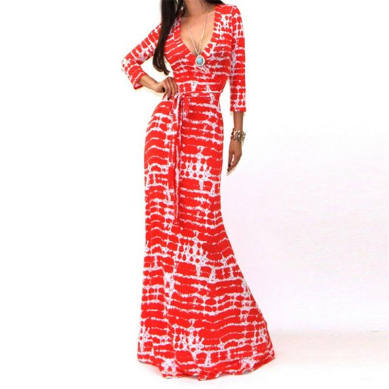 Women V-Neck Long Maxi Cocktail Party Ball Gown Belted Floor-Length Sexy Printed Dress P16 J4U66