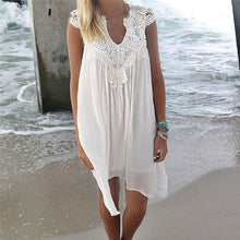 Women White Sleeveless Lace Crochet Dresses Hollow Out Mini Dress Sexy Beach Boho Dresses S-XL J4U66