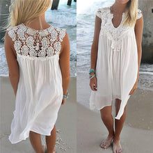 Women White Sleeveless Lace Crochet Dresses Hollow Out Mini Dress Sexy Beach Boho Dresses S-XL J4U66