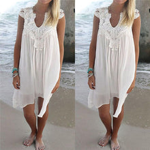 Women White Sleeveless Lace Crochet Dresses Hollow Out Mini Dress Sexy Beach Boho Dresses S-XL J4U66
