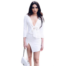 Women's Sexy V Neck Long Sleeve Dress Bowknot Split Dresses Bandage vestidosSilk Plus Size J4U66