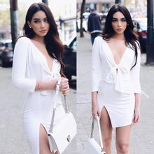 Women's Sexy V Neck Long Sleeve Dress Bowknot Split Dresses Bandage vestidosSilk Plus Size J4U66