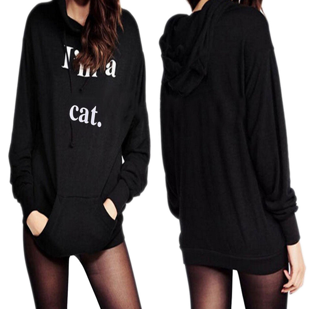 Women's Casual Black Letter Print I'm a Cat Pullover Sweatshirt Hoodie Tops J4U66