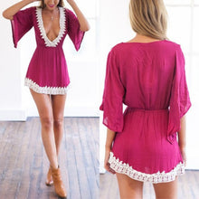 Women's Deep-V-Neck Sexy Mini Dress Short Sleeve Crohet Lace Hem Slim Dresses J4U66