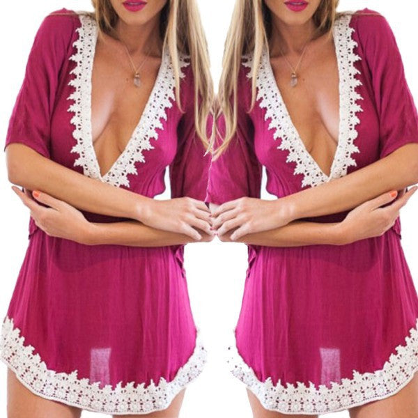 Women's Deep-V-Neck Sexy Mini Dress Short Sleeve Crohet Lace Hem Slim Dresses J4U66
