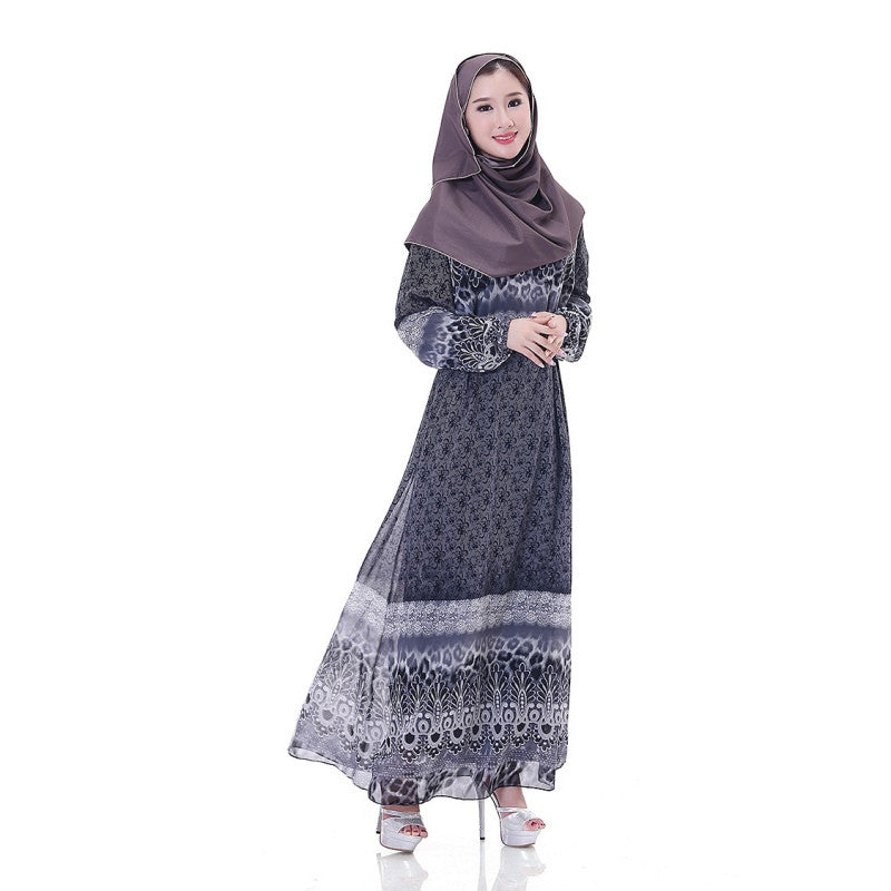 Women's Floral Chiffon Kaftan Abaya Jilbab Islamic Muslim Long Sleeve Maxi Dress PY3 J4U66