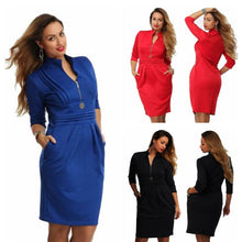 Women's Sexy Zipper V-neck Bodycon Party Cocktail 3/4 Sleeve Pencil Mini Dress J4U66