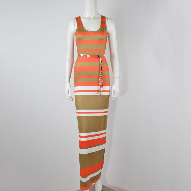 Women's Boho Long Maxi Dress Sleeveless O Neck Evening Party Beach Striped Dresses Sundress PY3 J4U66