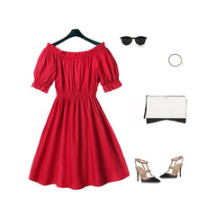 Women's Dress Pleated Off The Shoulder Sexy Party Kawaii Puff Sleeve Dress J4U66