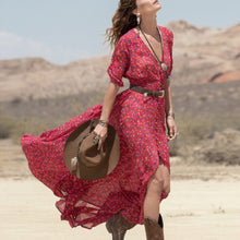 womens v neck 3/4 sleeve long maxi dress floral party boho beach dresses J4U66