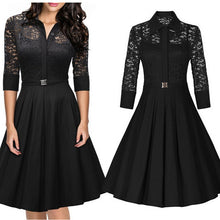 Women's Vintage 1950s Style Black Blue Lace Dress 3/4 Sleeve Flare A-line Dresses  J4U66