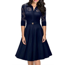 Women's Vintage 1950s Style Black Blue Lace Dress 3/4 Sleeve Flare A-line Dresses  J4U66