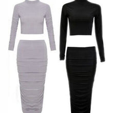 Womens Boutique Two Piece Set Black Grey Colour Long Sleeve Top and Bodycon Dress J4U66