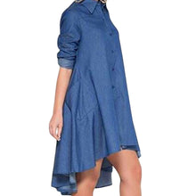 womens fall denim dresses button pockets asymmetric hem long sleeve casual ladies loose shirt dress vetement femme J4U66
