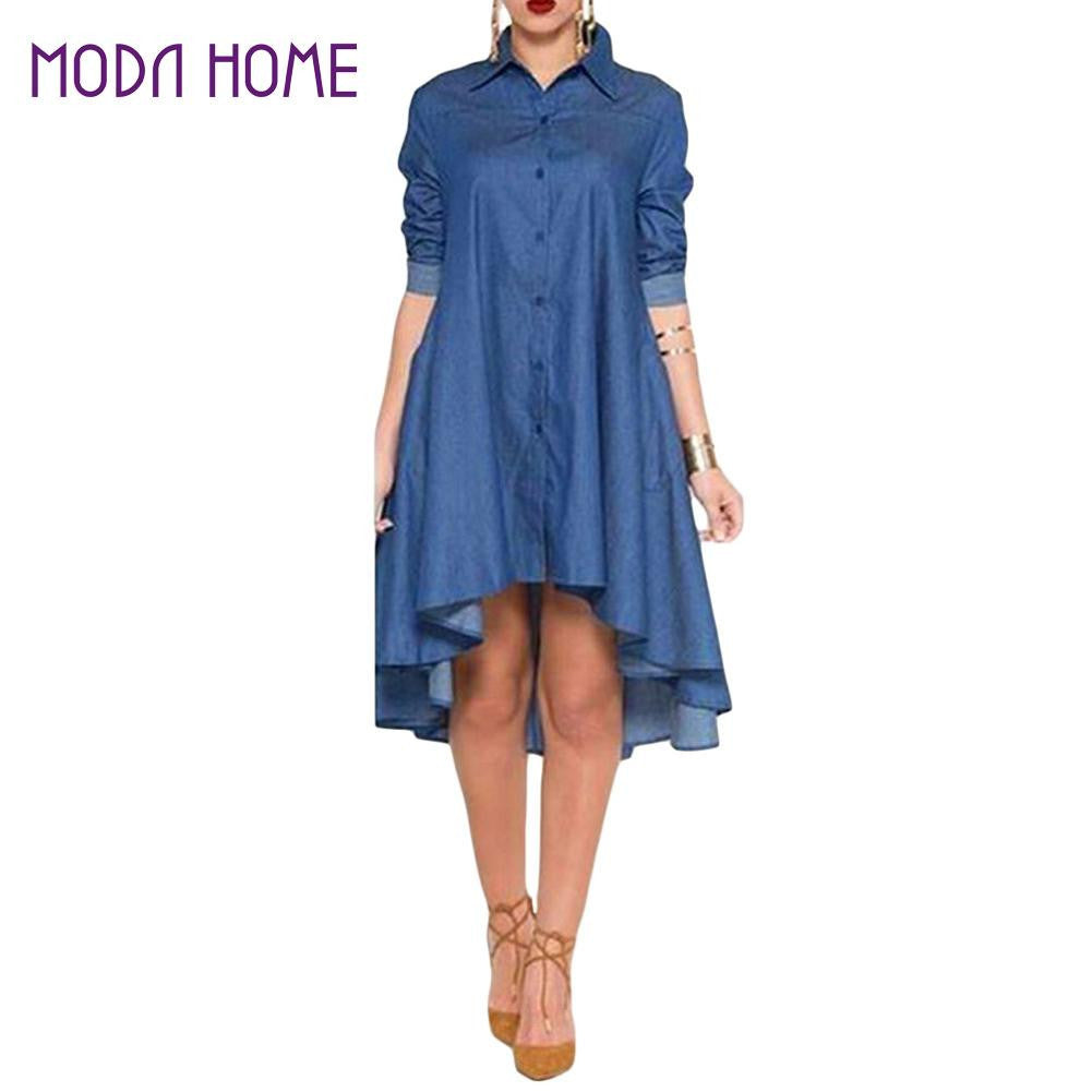 womens fall denim dresses button pockets asymmetric hem long sleeve casual ladies loose shirt dress vetement femme J4U66