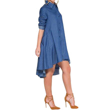 womens fall denim dresses button pockets asymmetric hem long sleeve casual ladies loose shirt dress vetement femme J4U66