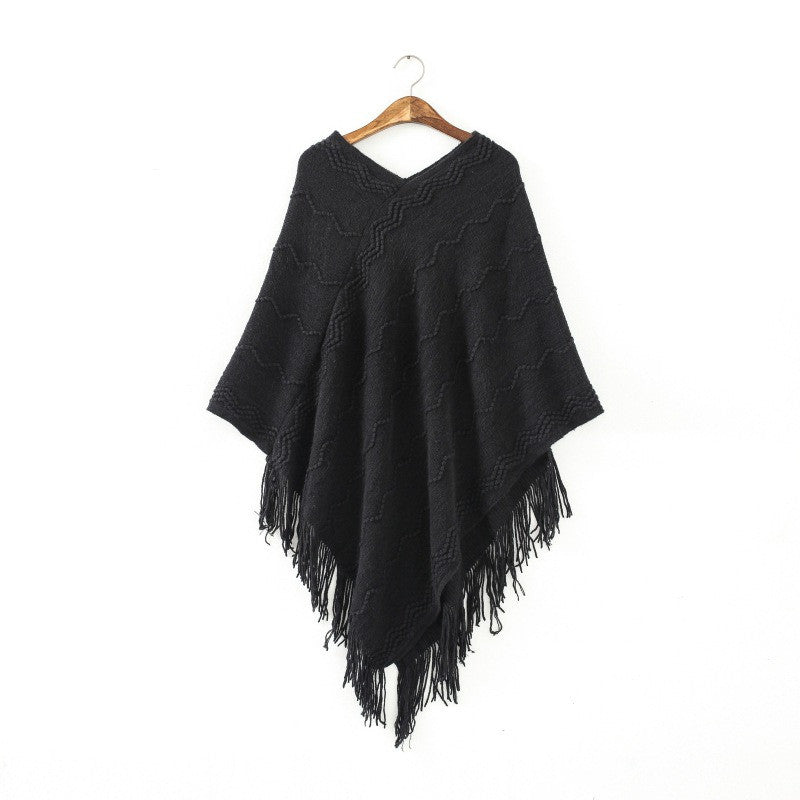 Womens Fringed Tassels Bat Sleeve Pullover Jumper Knit Sweaters Top Poncho Shawl  J4U66