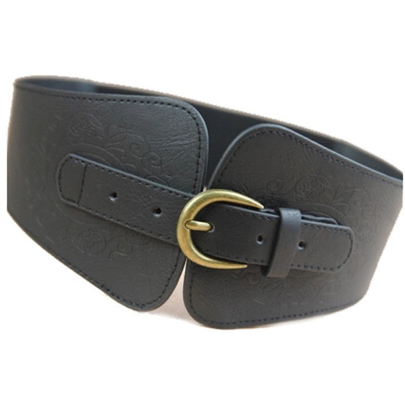 Womens Retro Totem PU Leather Buckle Wide Waist Belt Stretch Corset Waistband J4U66