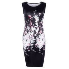 Womens Sexy Dresses Ladies Elegant Black Sleeveless Knee Length Floral Print Sheath Dress J4U66