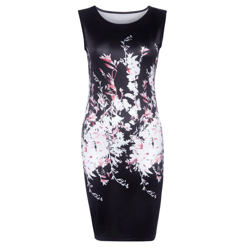 Womens Sexy Dresses Ladies Elegant Black Sleeveless Knee Length Floral Print Sheath Dress J4U66