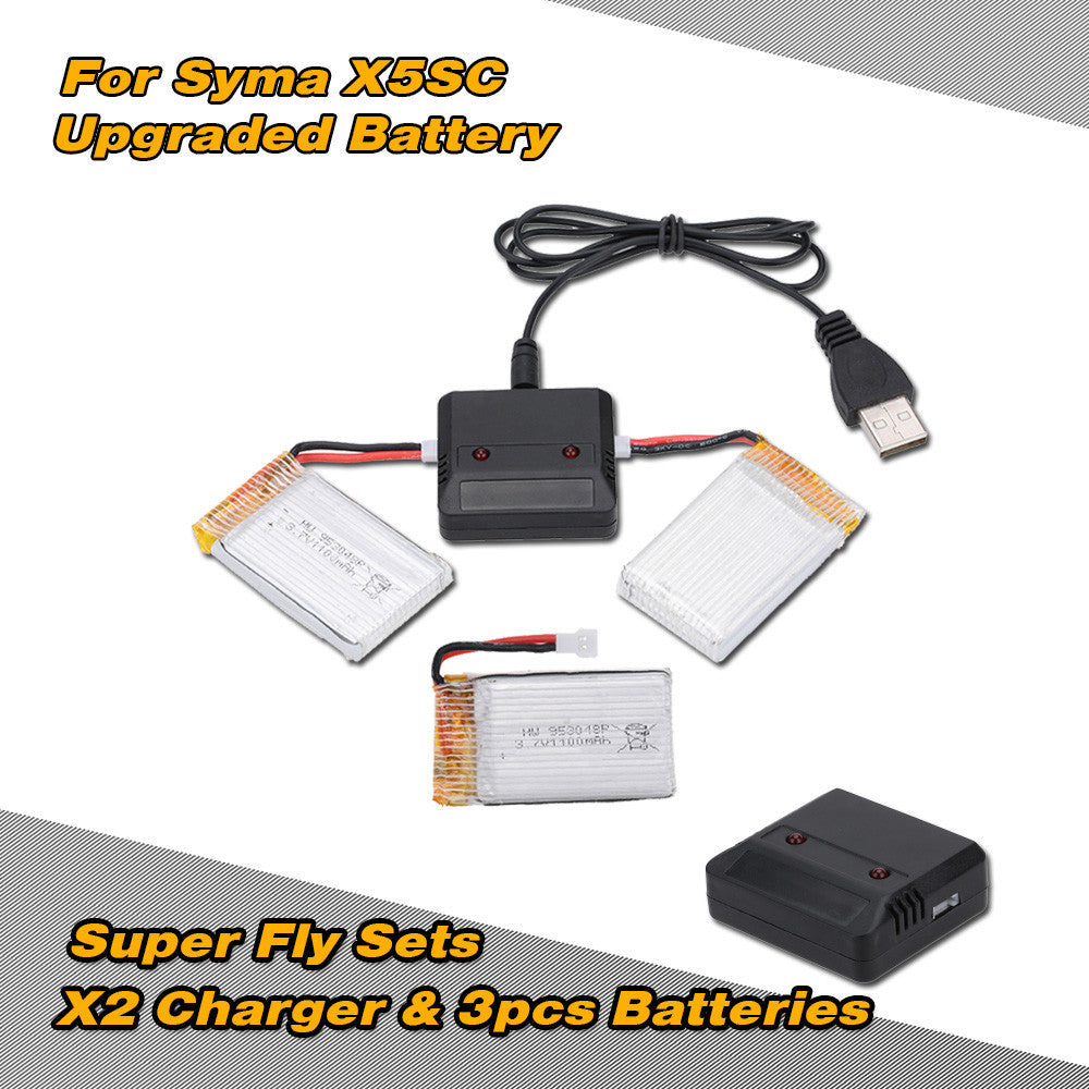 x2 charger with 3pcs upgraded 3 7v 1100mah lipo battery and usb cable for syma x5sc x5sw rc quadcopter hexacopter parts J4U66