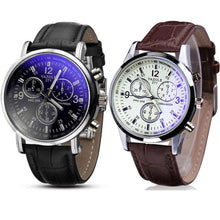 2pc Luxury Fashion Faux Leather Mens Blue Ray Glass Quartz Analog Watches Quartz-watch Relogio Masculino Feminino Montre J4U66