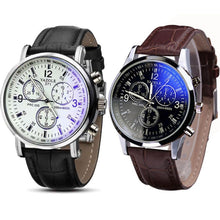 2pc Luxury Fashion Faux Leather Mens Blue Ray Glass Quartz Analog Watches Quartz-watch Relogio Masculino Feminino Montre J4U66