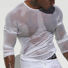clubwear long sleeve mesh Men T-shirt stretchy sheer Man see through tops J4U66