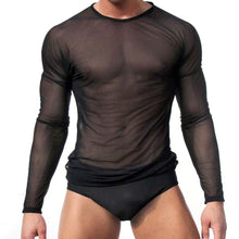 clubwear long sleeve mesh Men T-shirt stretchy sheer Man see through tops J4U66