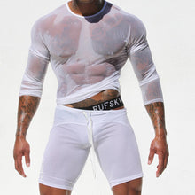 clubwear long sleeve mesh Men T-shirt stretchy sheer Man see through tops J4U66