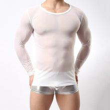 clubwear long sleeve mesh Men T-shirt stretchy sheer Man see through tops J4U66