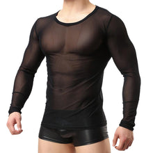 clubwear long sleeve mesh Men T-shirt stretchy sheer Man see through tops J4U66