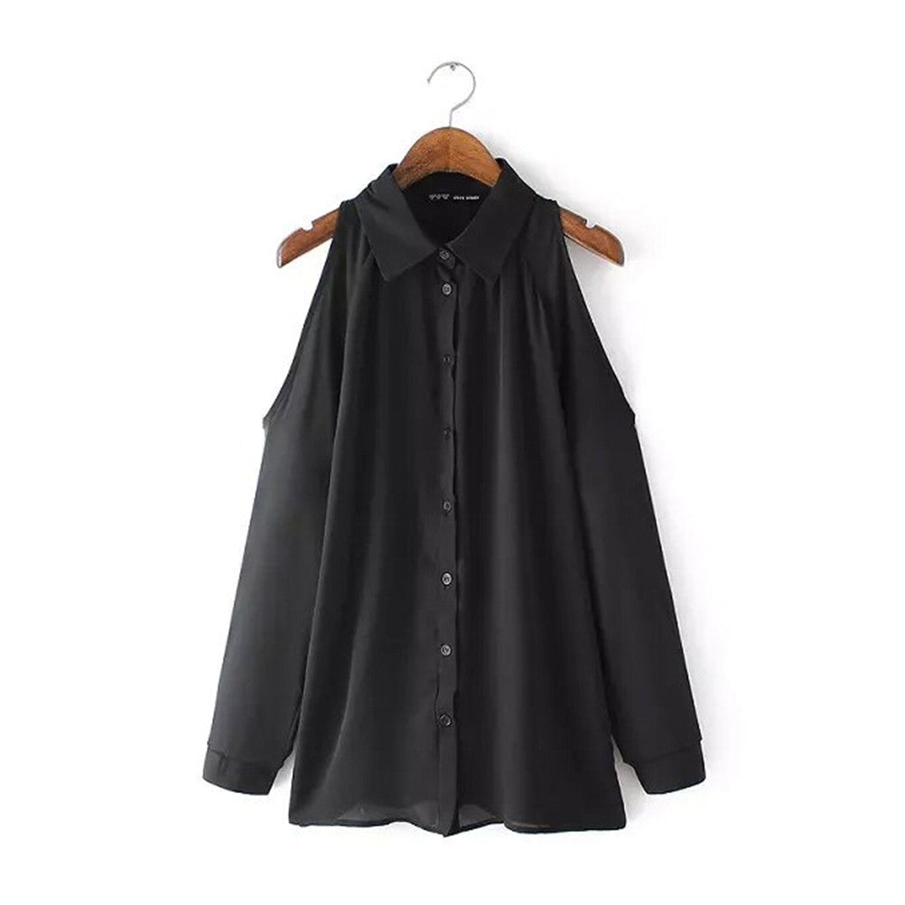 long sleeve off shoulder women shirt sexy chiffon tops turn down collar blouse J4U66