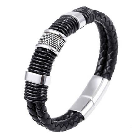 men stainless steel leather braid Bracelet with magnetic buckle Genuine leather bracelet J4U66