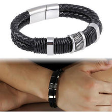 men stainless steel leather braid Bracelet with magnetic buckle Genuine leather bracelet J4U66