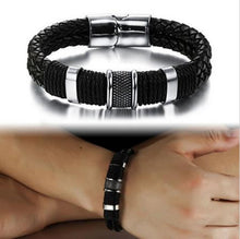 men stainless steel leather braid Bracelet with magnetic buckle Genuine leather bracelet J4U66