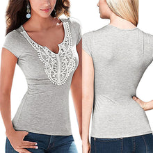 Trendy Shirt Sexy Women Ladies V Neck Lace Patchwork Short Sleeve Silm Shirts women Casual Tops J4U66