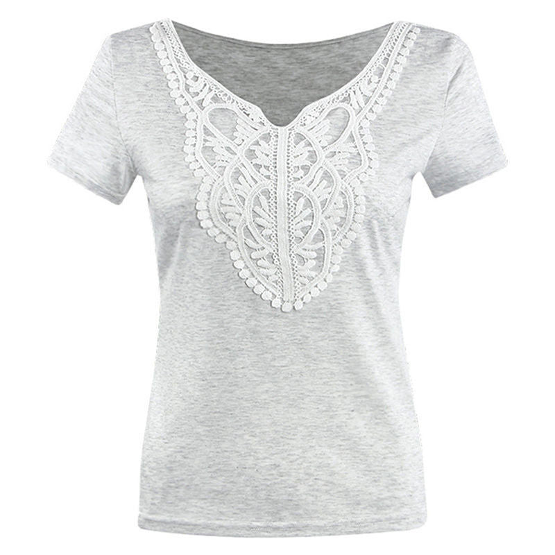 Trendy Shirt Sexy Women Ladies V Neck Lace Patchwork Short Sleeve Silm Shirts women Casual Tops J4U66