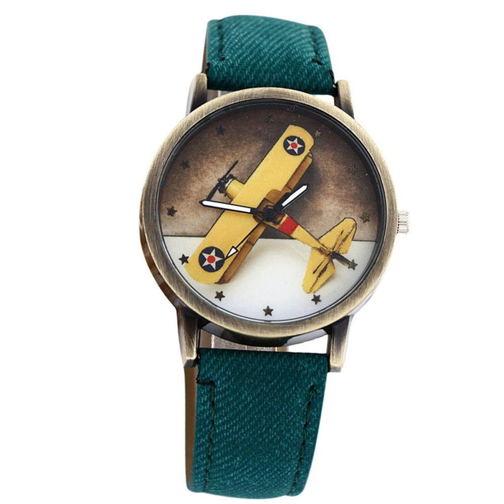 Fashion Men Wome Denim Leather Strap Airplane Analog Quartz Wristwatch  J4U66