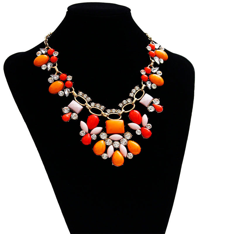 Women Sweet Bohemian Elegant Bib Statement Choker Necklace & Pendants Orange Red Patchwork  J4U66
