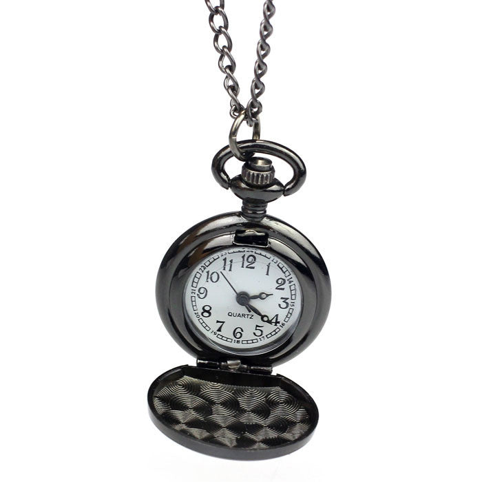 Vintage Black Roman-Numerals Stainless Steel Quartz Pocket Watch ping J4U66