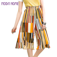 pants women contrastcolor stripe pleated loose plus size elastic waist trousers print wide leg pants J4U66