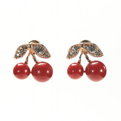 woman jewelry Women Lovely Red cherry earrings Rhinestone leaf bead stud earrings J4U66